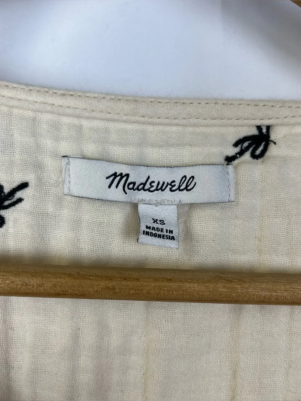Madewell Lightspun Peplum Faux Wrap Top Tiny Bows Women Cream Puff Sleeve Sz XS